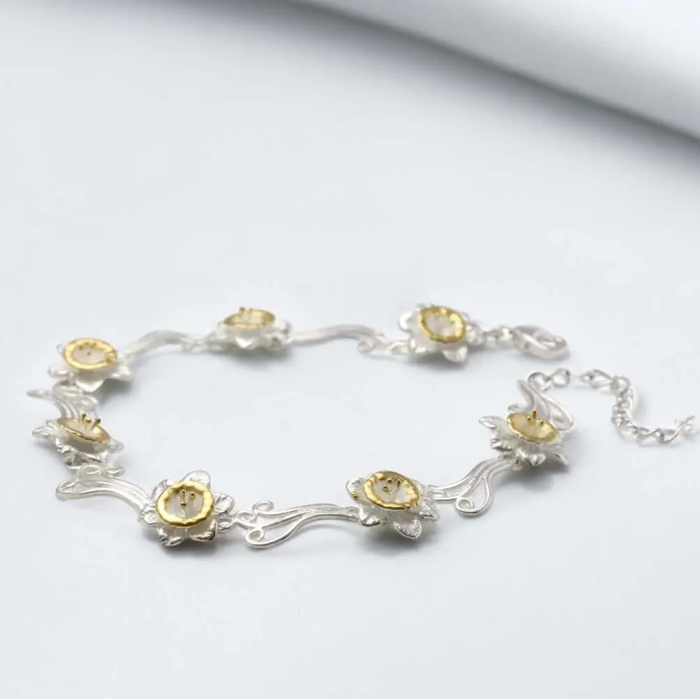 Daffodil Flower Bracelet In Sterling Silver With 14 Carat Gold