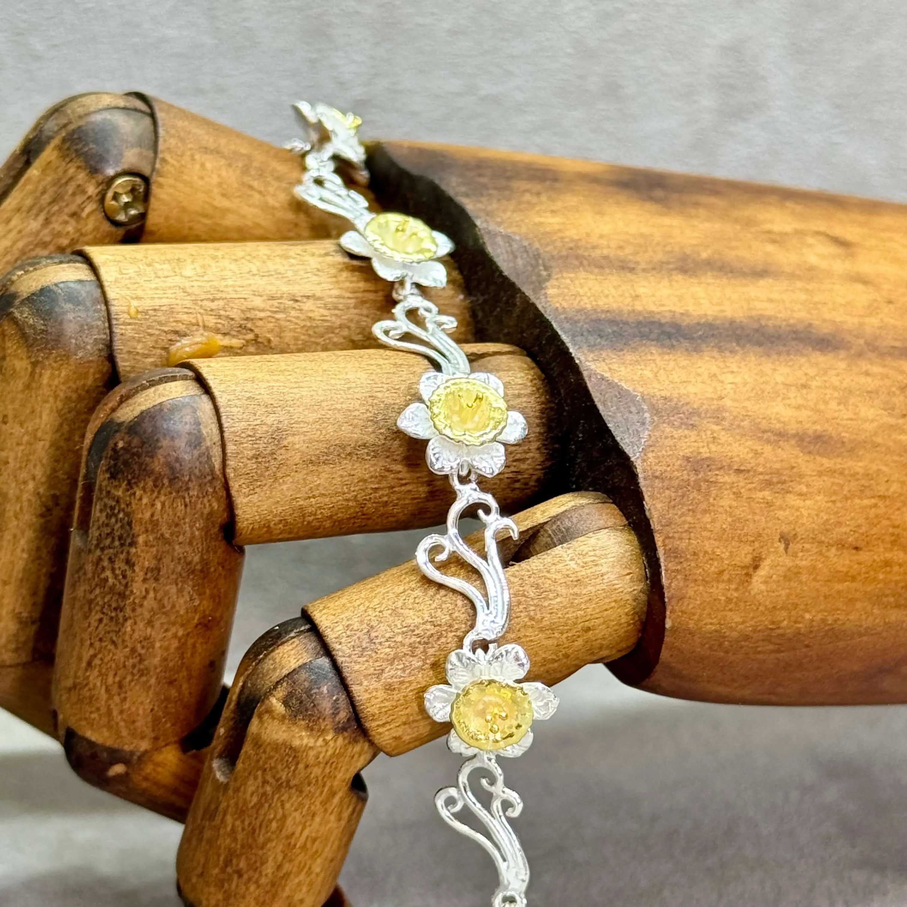 Daffodil Flower Bracelet In Sterling Silver With 14 Carat Gold