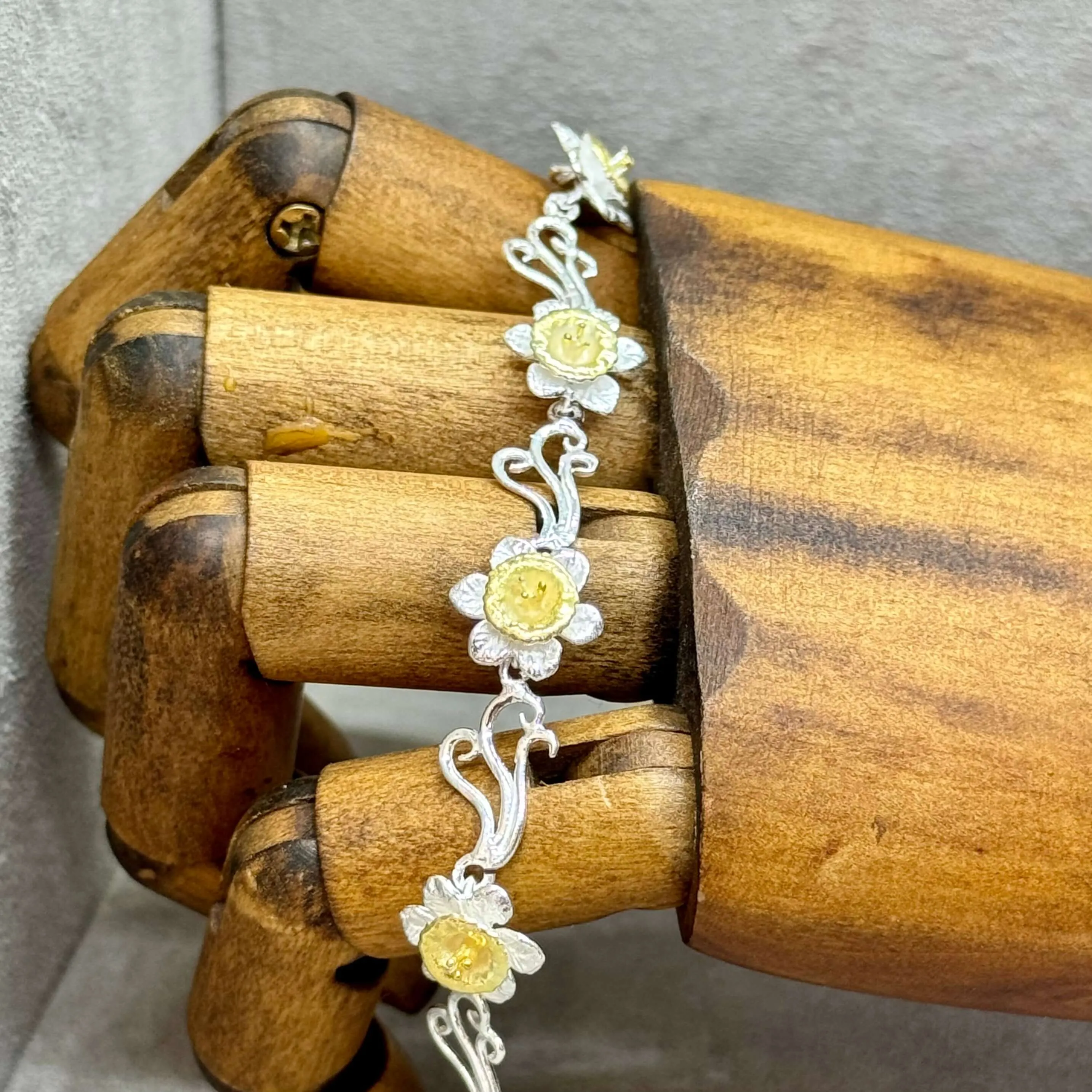 Daffodil Flower Bracelet In Sterling Silver With 14 Carat Gold