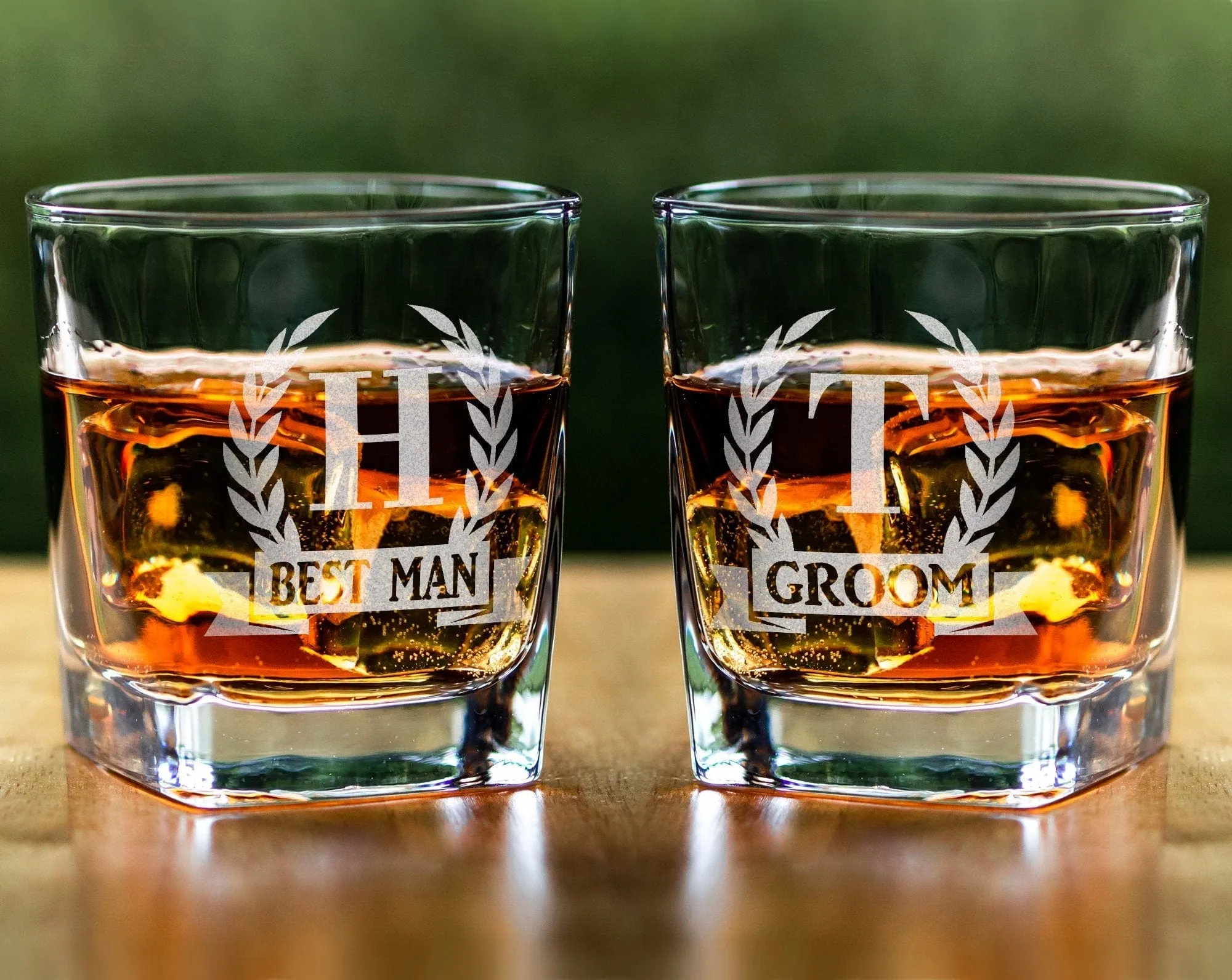 Personalized Initial Monogram Wreathe Scotch Rock Glasses Husband Engraved Gift for Grandpa Dad Whiskey Lover Wedding Set for Bride Groom