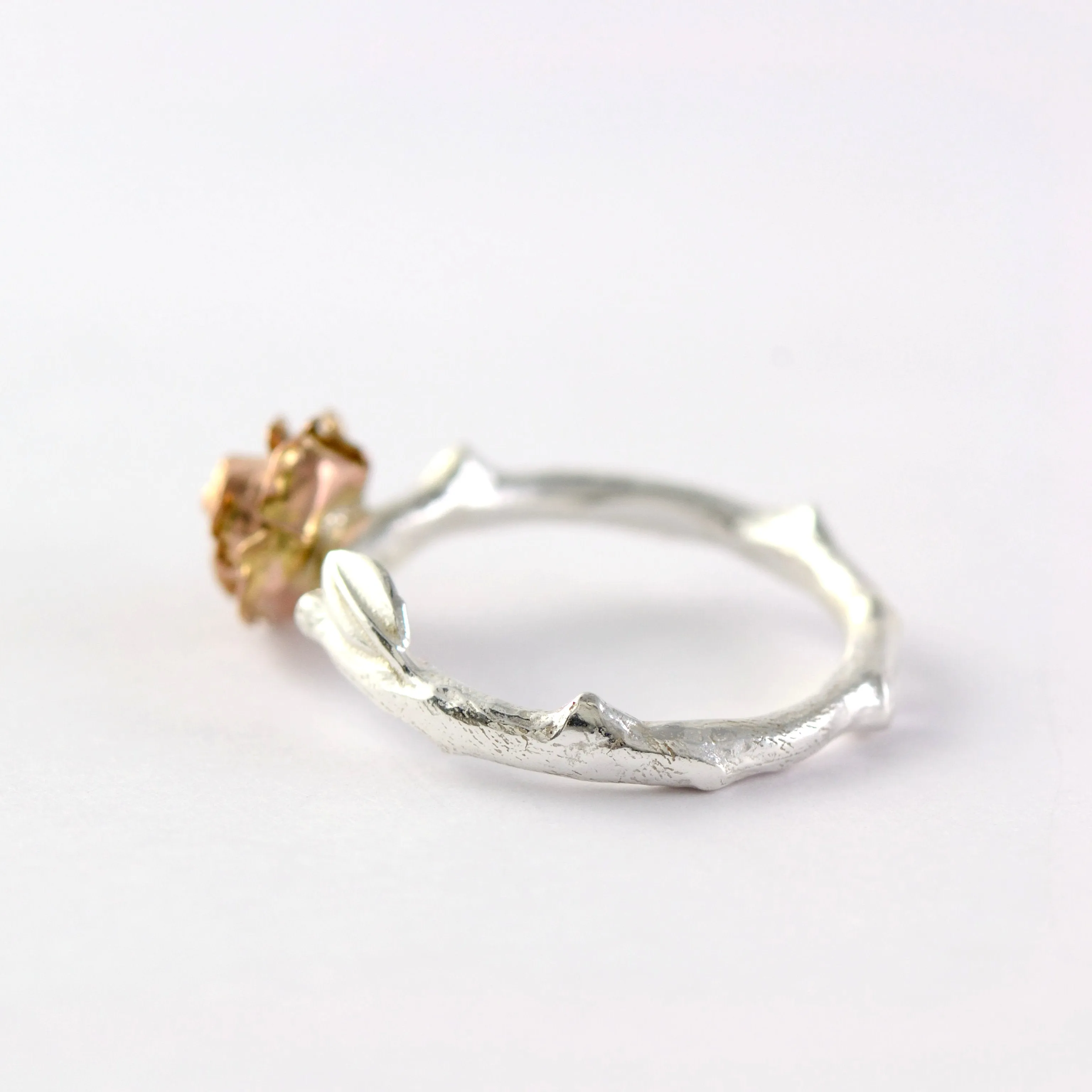 Red rose ring - 9 carat rose gold rose ring with a silver rose stem band