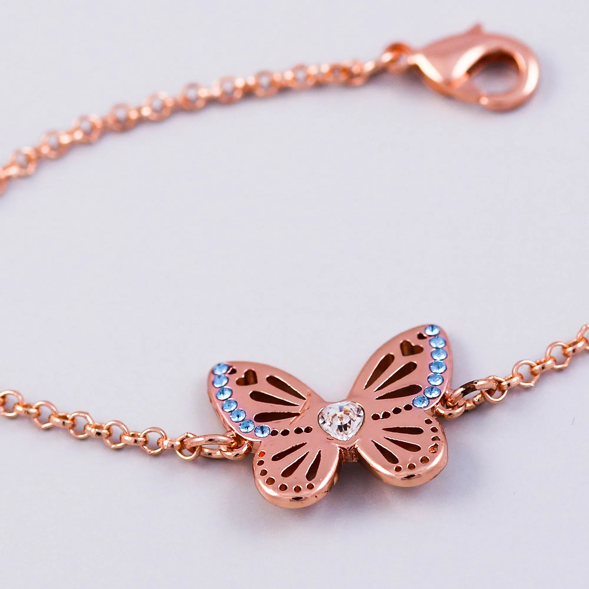 Rose Gold Aquamarine March Birthstone Butterfly Bracelet